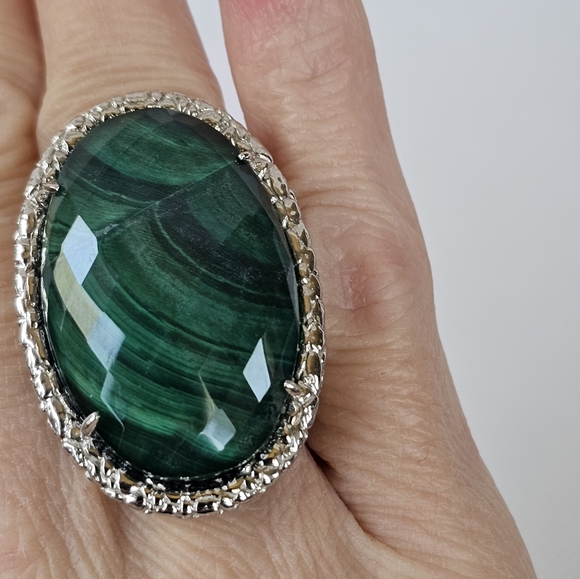 Genuine Malachite Faceted Colleen Lopez Ring Platinum & Sterling Silver Sz 6! - Picture 8 of 8